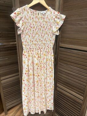 Floral Smocked Midi Dress in Cream with Pink & Yellow Accents